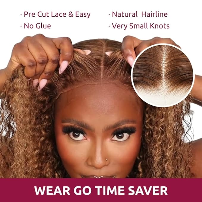 Beauty Forever Bye Bye Knots 7X5 Pre Cut Lace Honey Blonde Highlight Jerry Curly Put on Go Glueless Lace Front Wig,Mixed Color Invisible Knots Human Hair Wigs Pre Plucked Hairline 150% Density 24 Inch