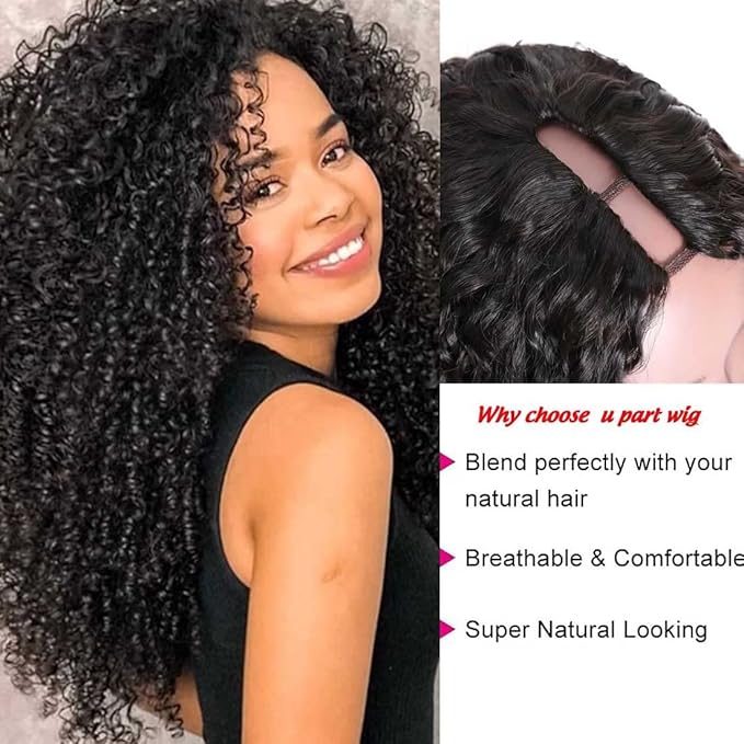 Beauty Forever U Part Human Hair Wig, Curly Upgrade U Part Wig Human Hair Wigs for Black Women 10A Grade Brazilian Virgin Hair Glueless No Leave Out Clip In Wig 150% Density Natural Color 24 Inch