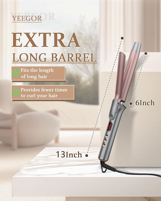 YEEGOR 1 Inch Curling Iron,Extra Long Barrel Ceramic Curling Iron for Long Hair Get Bouncy Curls,Dual Voltage Hair Curler for Travel,Rose Gold