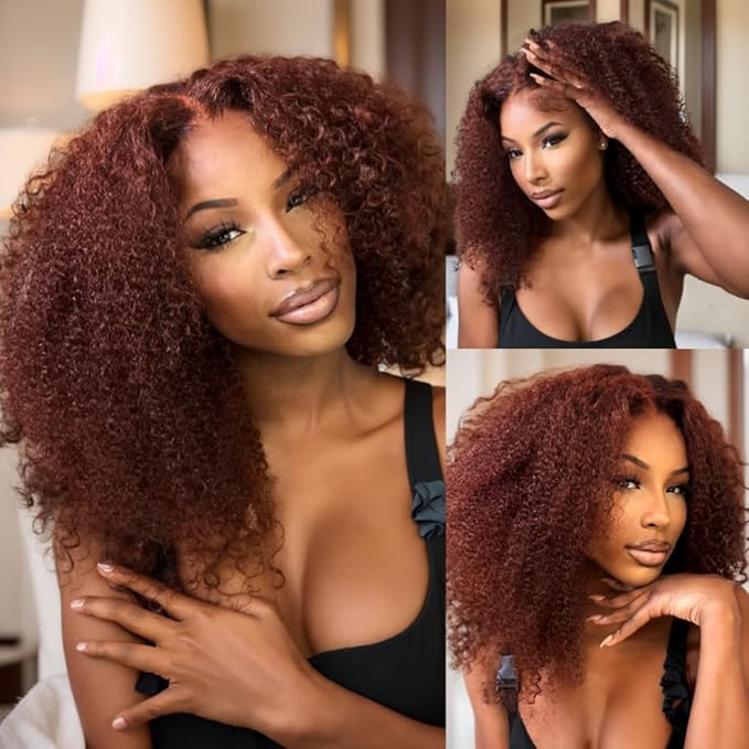 Beauty Forever Bye Bye Knots 7x5 Lace Front Wig Put on and Go Glueless Kinky Curly Human Hair Wigs,Reddish Brown Pre Cut Lace Closure Wigs Pre Plucked Hairline Pre Bleached Knots 150% Density 20inch