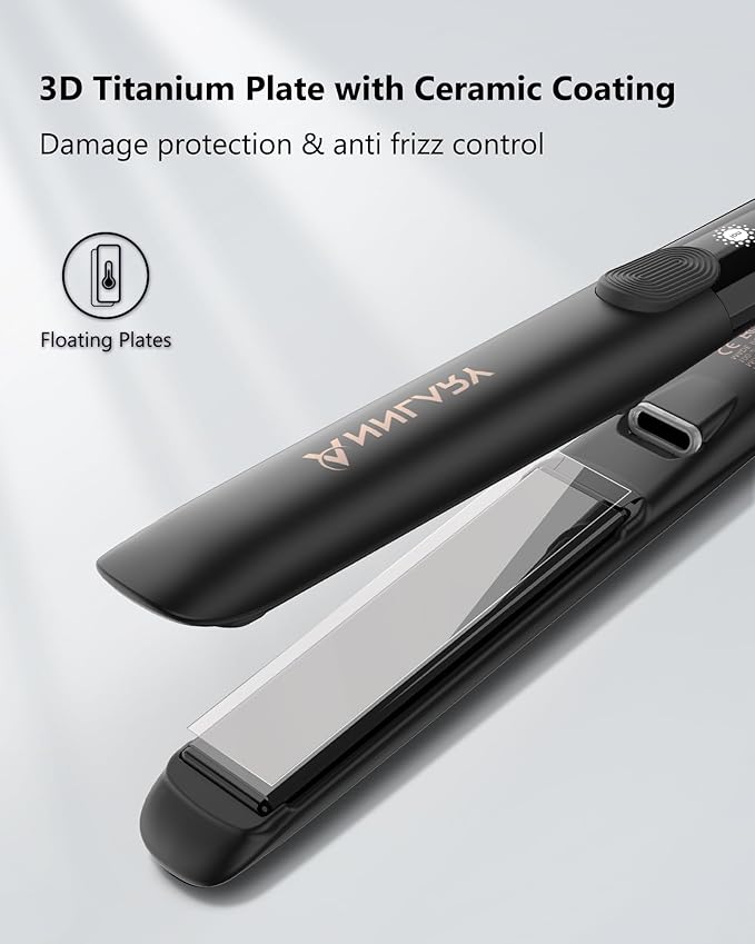 Hair Straightener, 1 Inch Professional Titanium Plate with Ceramic Coating Ionic Dual Voltage Flat Iron with Anti-Iron Silicone for Less Frizz, Shinier & Smoother Hair