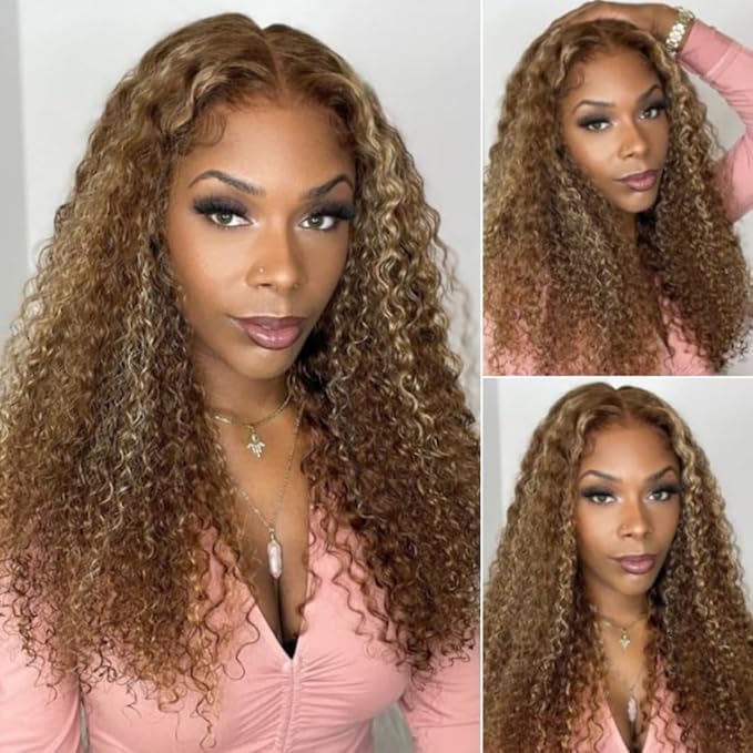 Beauty Forever Bye Bye Knots 7X5 Pre Cut Lace Honey Blonde Highlight Jerry Curly Put on Go Glueless Lace Front Wig,Mixed Color Invisible Knots Human Hair Wigs Pre Plucked Hairline 150% Density 20 Inch