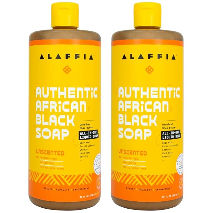 Alaffia Authentic African Black Soap, Unscented, 2-Pack – All-in-One Moisturizing Cleanser for Face, Hands, Body & Hair, 32 Oz Ea