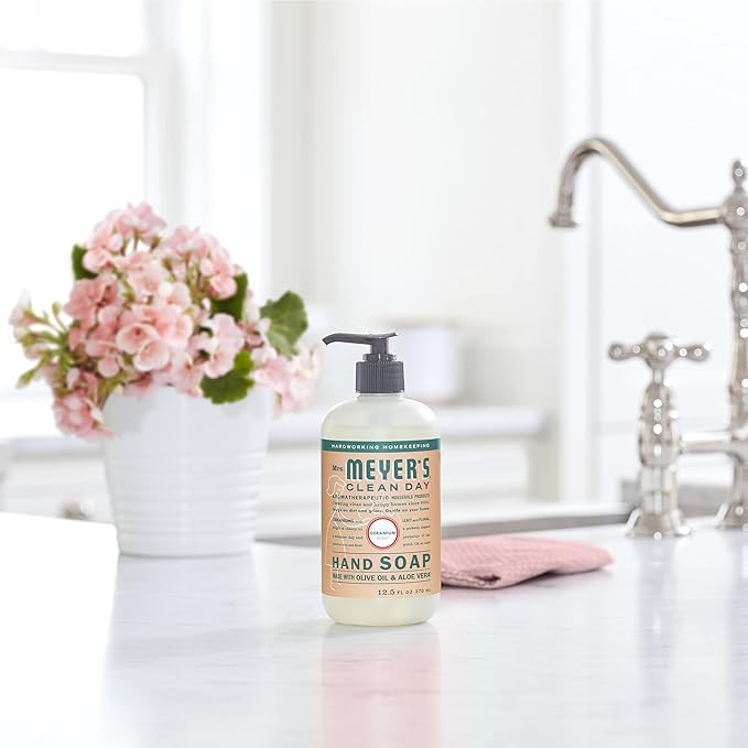 MRS. MEYER'S CLEAN DAY Hand Soap, Made with Essential Oils, Biodegradable Formula, Geranium, 12.5 fl. oz - Pack of 3