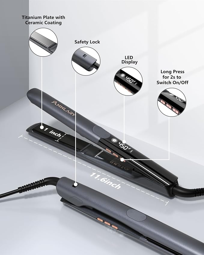 Hair Straightener, 1 Inch Flat Iron Straightener and Curler 2 in 1, Titanium Ceramic Ionic Dual Voltage Straightener with Anti-Iron Silicone for Less Frizz, Shinier & Smoother Hair