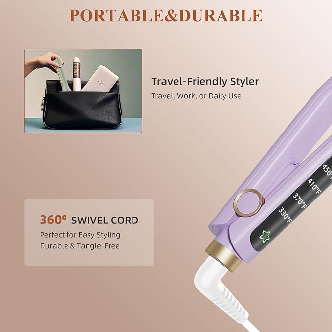 Small Flat Iron, 1/2 Inch Flat Iron for Short Hair Straightener and Curler 2 in 1, Ceramic Ionic Floating Plates for Less Frizz, 10s Quick Heat Up, Straightener for All Hair Types(Purple)