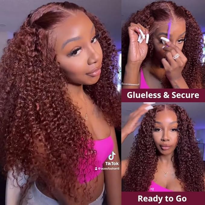 Beauty Forever Bye Bye Knots 7X5 Pre Cut Lace Put on and Go Wig Jerry Curly Reddish Brown Lace Front Wigs, Auburn Brown Glueless Human Hair Wigs 180% Density 20 Inch