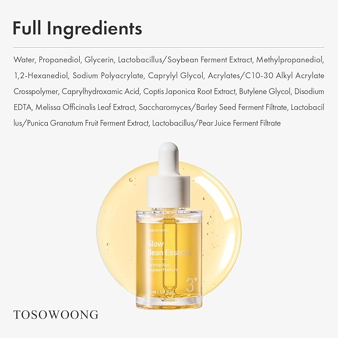 Glow Bean Essence, 31,025ppm Soybean Ferment Extract, Glass Skin, Exfoliating, Hydrating, Radiant, Moisturizer, Barrier, Face Serum, Korean Skin Care, 33ml / 1.11 fl. oz.