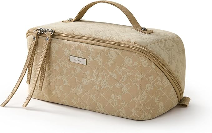 EACHY Travel Makeup Bag,Large Capacity Cosmetic Bags for Women,Waterproof Portable Pouch Open Flat Toiletry Bag Make up Organizer with Divider and Handle