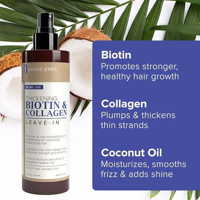 Joanne Jones Thickening Biotin & Collagen Leave-In Conditioner, 8-fl oz Spray Bottle, Boost Moisture and Shine for All Hair Types