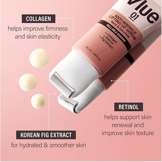 VLUE Retinol Guasha Neck Firming Cream - Anti-Aging Collagen & Fig Extract Moisturizer for Wrinkles & Sagging Skin, Hydrating & Lifting Neck & Décolleté Serum, Korean Skincare, 1.69 fl. oz.