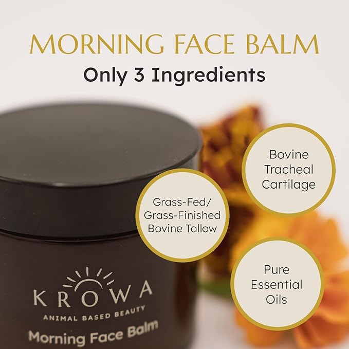Morning Face Balm - Clean Grass Fed Tallow Balm w/Essential Oils + Collagen Peptides - Nourishing, Soothing, Hydrating and Adds Vitality to Skin. Deeply Renews. No Phthalates or Preservatives.
