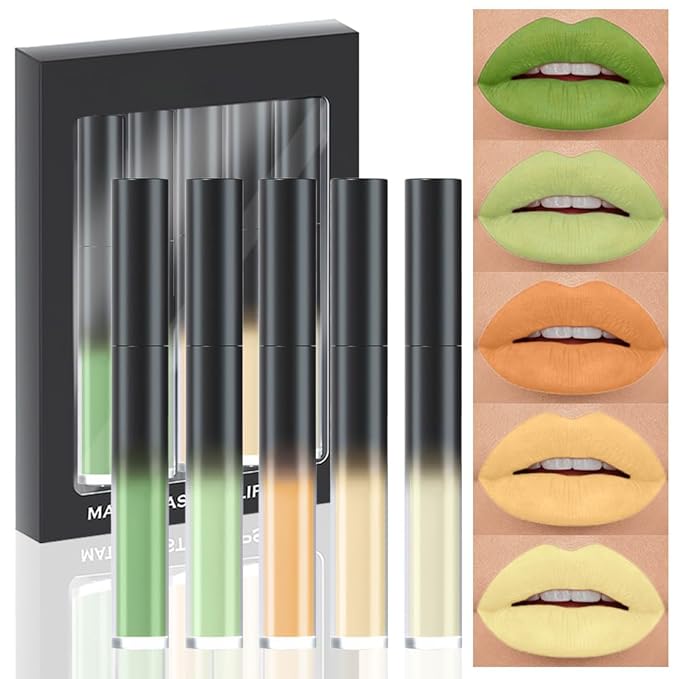 AMY'S DIARY Matte Plum Liquid Lipstick 5Pcs Sets,24-hour Lipstick Green Yello Plum Lip Stain 24 Smudge Waterproof for Women (Set04)