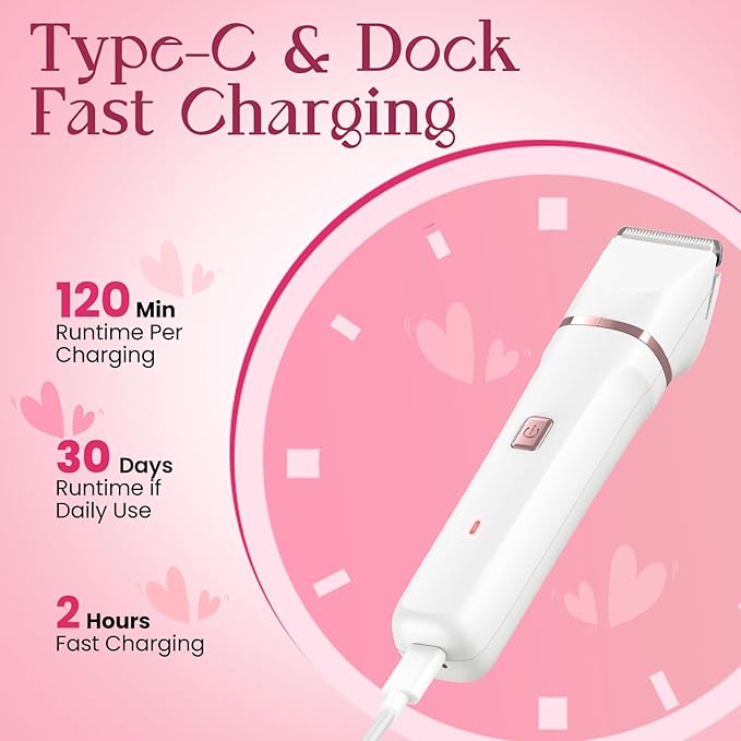 Pubic Hair Trimmer for Women - Electric Razors for Women's Body Groomer, Replaceable Ceramic Blade Heads, Face Hair Remover Head, USB-C&Dock Charging, Waterproof&Easy Cleaning White