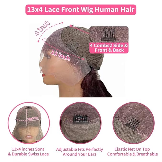 13x4 99J Burgundy Body Wave Lace Front Wig Human Hair 180% Density Wine Red Color Wigs for Women Free Part Hd Transparent Lace Front Wigs Pre Plucked with Baby Hair Colored Glueless Wigs 30 inch
