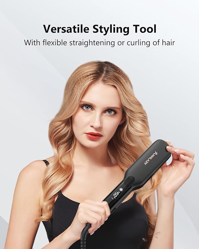 1.75 Inch Hair Straightener, Professional Titanium Plate with Ceramic Coating Ionic Dual Voltage Flat Iron with Anti-Iron Silicone for Less Frizz, Shinier & Smoother Hair