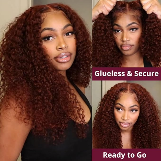 Beauty Forever Bye Bye Knots 7X5 Pre Cut Lace Put on and Go Wig Jerry Curly Reddish Brown Lace Front Wigs, Auburn Brown Glueless Human Hair Wigs 180% Density 20 Inch