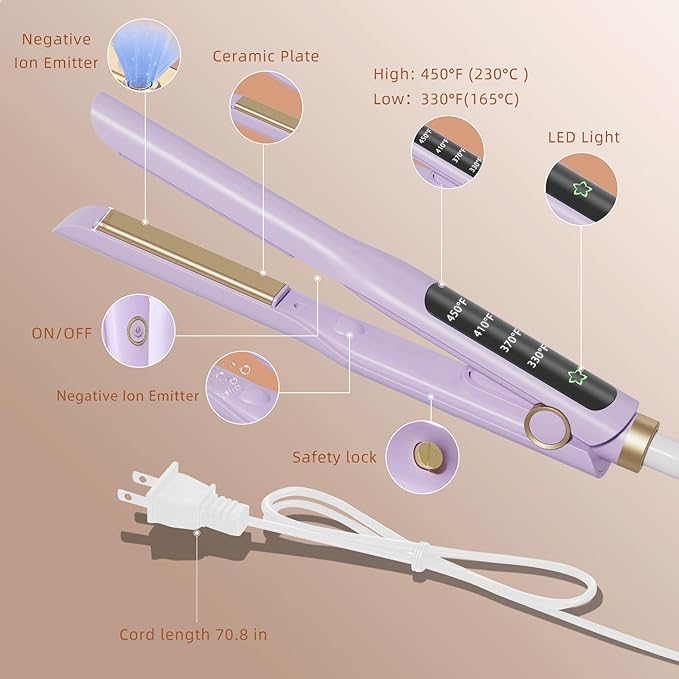 Small Flat Iron, 1/2 Inch Flat Iron for Short Hair Straightener and Curler 2 in 1, Ceramic Ionic Floating Plates for Less Frizz, 10s Quick Heat Up, Straightener for All Hair Types(Purple)