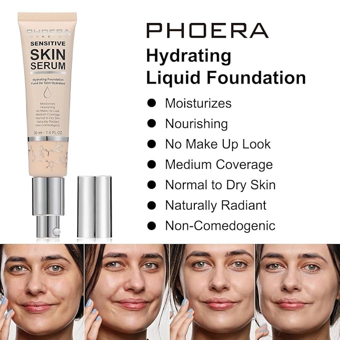 PHOERA Hydrating Essence Foundation,Waterproof and Light Long Lasting Buff Beige)