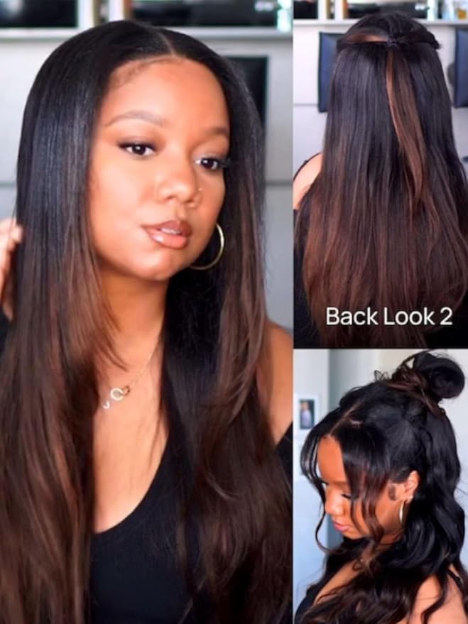 Beauty Forever V Part Wig Human Hair Yaki Straight EasiContour Vpart Wigs No Leave Out Ombre Chestnut Brown Glueless Upgraded U Part Wigs for Women None Lace Front Wigs T128 Color 150% Density 18inch