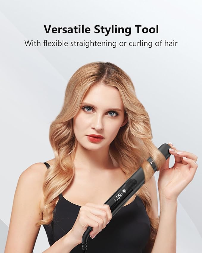 Hair Straightener, 1 Inch Flat Iron Straightener and Curler 2 in 1, Titanium Ceramic Ionic Dual Voltage Straightener with Anti-Iron Silicone for Less Frizz, Shinier & Smoother Hair