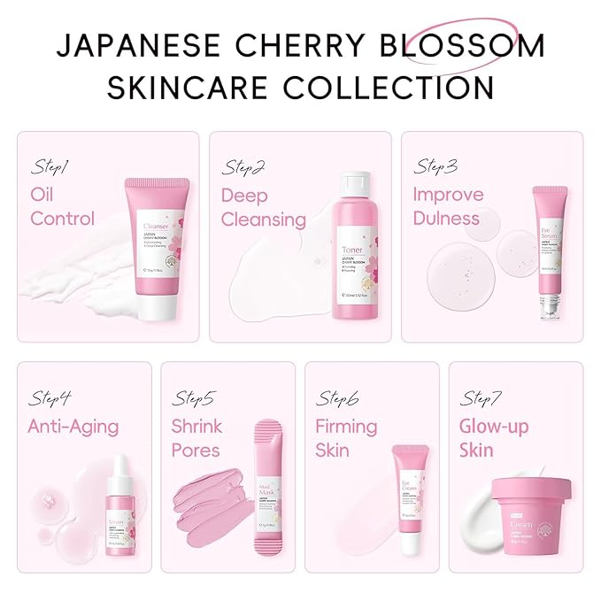Sakura Skin Care Sets, Skin Care for Teens 10-12, Beauty Skincare Gifts Sets, Skin Care Routine Kit for Women, Hydrate, Oil Control, Glow Up, Travel Size -7 PCS