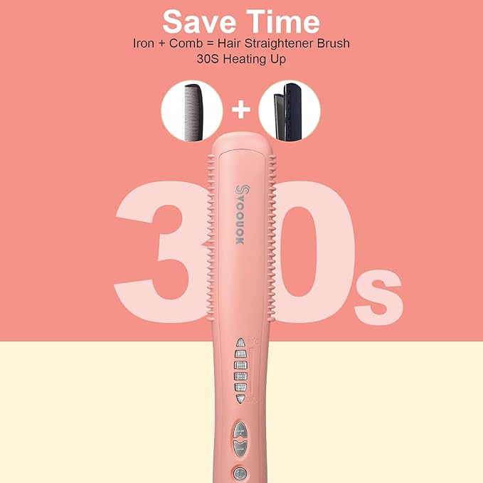Hair Straightener Comb - Ceramic Hot Comb Hair Straightener Electric Straightening Comb for Black Hair 6 Temperature Settings, 20 Mins Auto-Off Safe & Salon Styling (Pink)