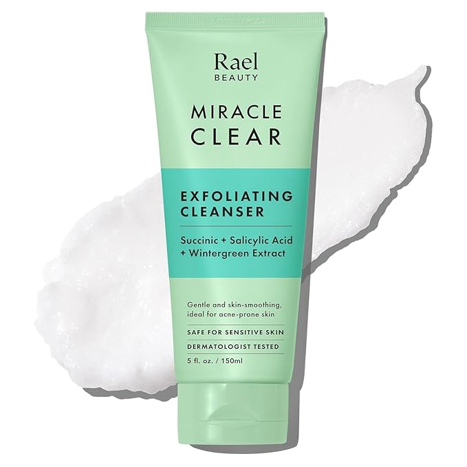 Rael Miracle Clear Face Wash – Gentle Exfoliating Cleanser with Succinic Acid & Minerals, Hydrating Formula for Daily Use, Ideal for Acne-Prone, Dry, Sensitive & Oily Skin, Vegan (5 fl oz)