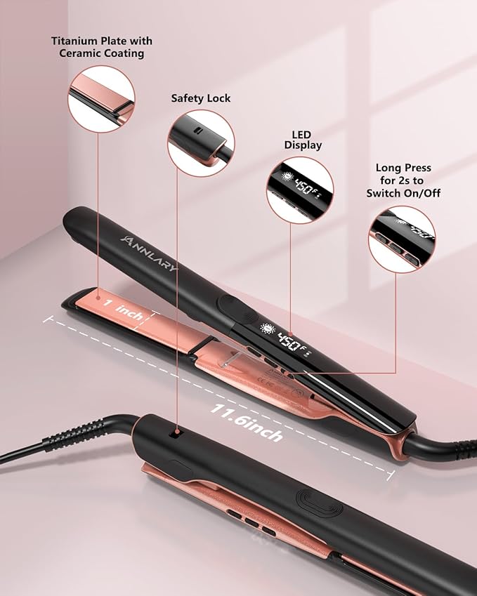 Hair Straightener with Resistant Silicone Mat Pouch, 1 Inch Professional Titanium Plate with Ceramic Coating Ionic Dual Voltage Flat Iron with Anti-Iron Silicone for Smoother Hair
