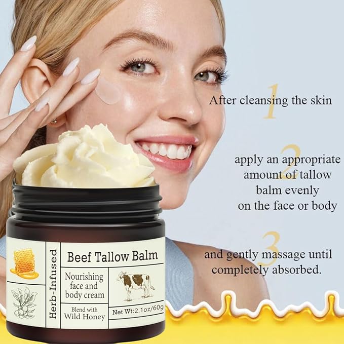 Beef Tallow For Skin – Natural Tallow and Honey Balm Face Moisturizer, Organic Grass-Fed Tallow, Deeply Nourishing Whipped Skin Balm for Face & Body, Moisturizing Cream for Dry Skin