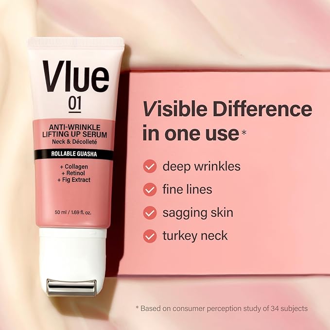VLUE Retinol Guasha Neck Firming Cream - Anti-Aging Collagen & Fig Extract Moisturizer for Wrinkles & Sagging Skin, Hydrating & Lifting Neck & Décolleté Serum, Korean Skincare, 1.69 fl. oz.