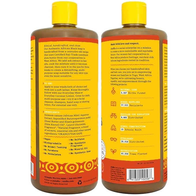 Alaffia Authentic African Black Soap Variety 2-Pack – All-In-One Liquid Soap, Travel-Size Eucalyptus Tea Tree + Full-Size Citrus Ginger Body Wash, Face Wash, Shampoo, Shaving Soap