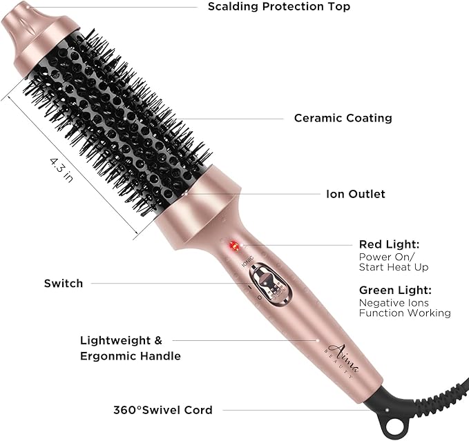 Aima Beauty 1.5" Ceramic Hot Brush for Root Volume, Ion Hair Care Thermal Brush - 60Mins Auto-Off, Dual Voltage, Gold