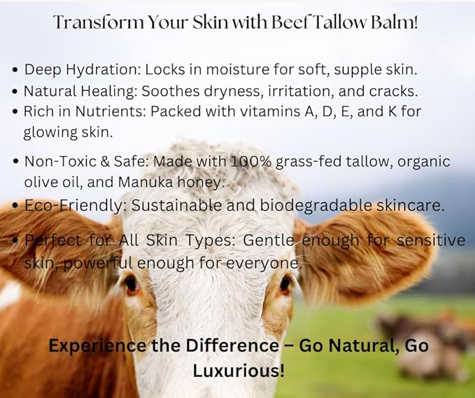 100% Grass-Fed Beef Tallow Balm, Manuka Honey MGO263+, Organic Beeswax & Olive Oil, Beef Tallow for skin,Handmade Moisturizer for Dry Skin, Eczema Relief, & Healing Skin(2oz, Vanilla)