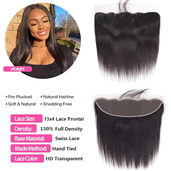 13x4 HD Lace Frontal Closure 16 Inch Straight Lace Frontal Human Hair 100% Unprocessed Brazilian Virgin Hair Ear to Ear Swiss HD Transparent Lace Closure Only Pre Plucked 1B Black