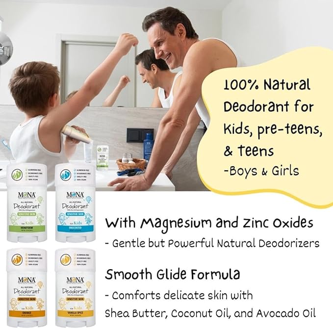 MONA BRANDS 100% Natural Kids Deodrant for Boys and Girls | Safe Deodorant for Kids | No Baking Soda, Aluminum or Synthetic Scents | Hypoallergenic (ORANGE 1.76 Oz)