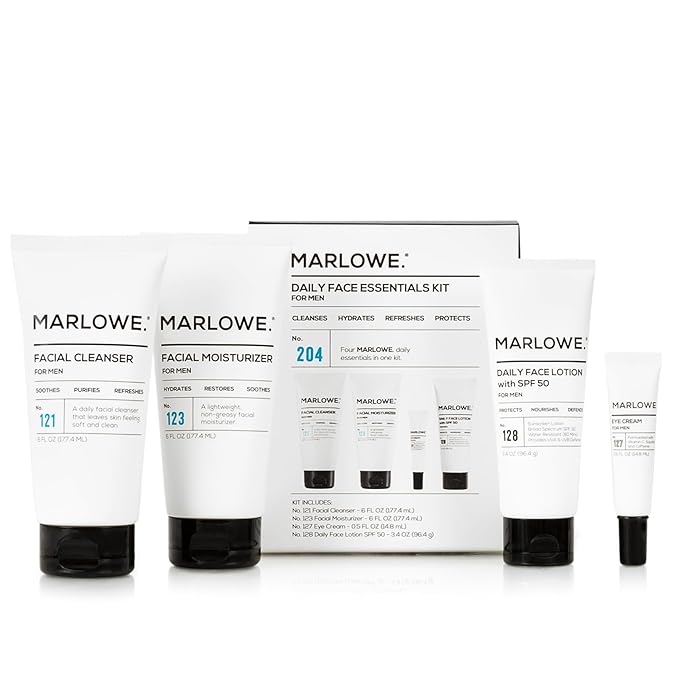 Mens Skin Care Set, No. 204 Daily Essential Face Kit, No. 121 Facial Cleanser, No. 123 Facial Moisturizer, No. 127 Eye Cream, No. 128 Daily Face Lotion with SPF 50, Great Gift for Men
