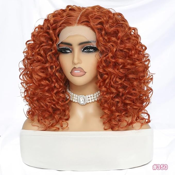Felek 16inch Middle Part Curly Lace Front Wigs Jerry Curl Lace Wig Ginger Orange T Lace Front Curly Synthetic Pre-Plucked Deep Curly Wigs For Black Women(#350)