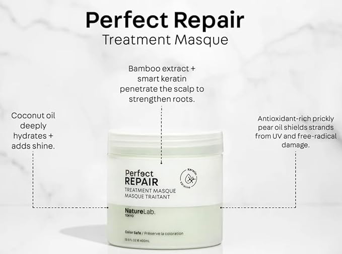 NATURELAB. TOKYO Perfect Repair Treatment Masque Jumbo Size: Heat and Color Protection, Hair Mask Treatment to Strengthen and Repair Dull, Damaged, Brittle Hair I 13.5 FL OZ / 400ml ($38 Value)
