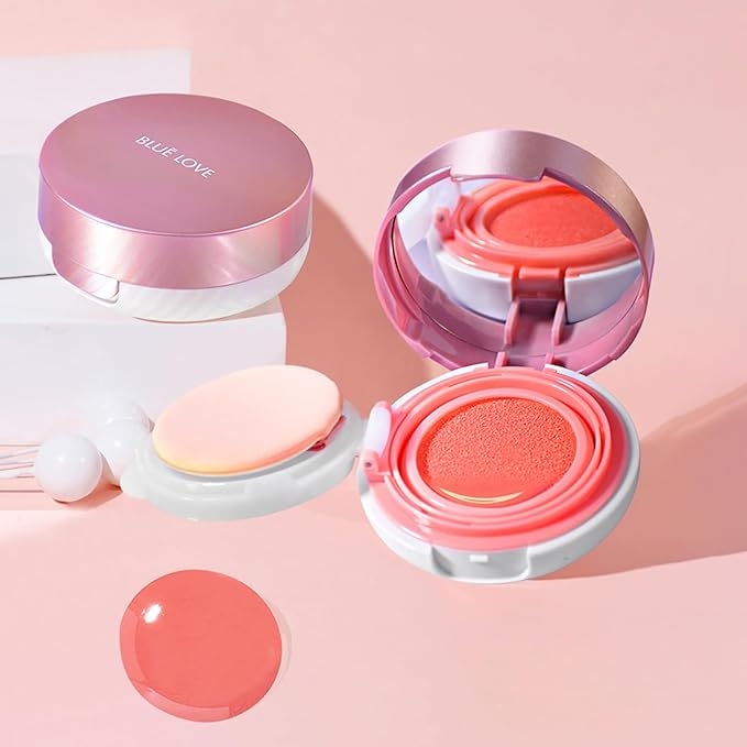BLUE LOVE Cushion Liquid Blush - Silky Cheek Tint with Mirror, Natural Enhancer for a Radiant Finish, Contours & Highlights for Effortless Elegant (01 Pink Orange)