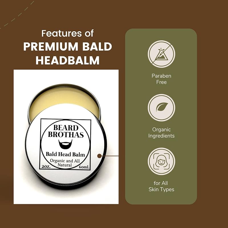 Bald Head Balm Moisturizer. Organic Cold Pressed Unrefined Argan & Jojoba Oil. Shea Butter, Cocoa butter, & Bees Wax for Lasting Shine & Protection. All Natural and Handcrafted for Freshness.