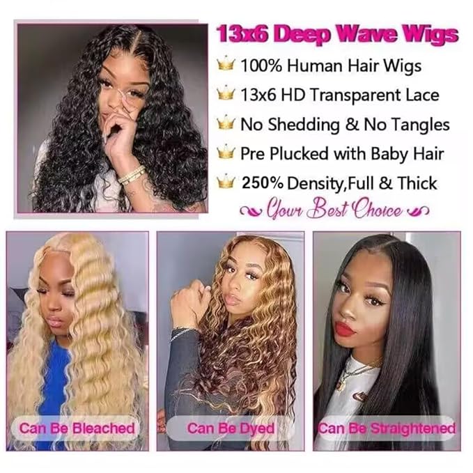 CHEETAHBEAUTY Deep Wave 13X6 HD Transparent Lace Front Wigs Human Hair Brazilian 10A Grade Deep Curly Human Hair Wigs for Black Women Pre Plucked with Baby Hair Natural Black 250% Density(30inch)