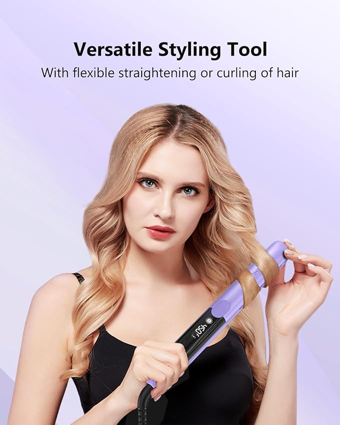 Hair Straightener, 1 Inch Flat Iron Straightener and Curler 2 in 1, Titanium Ceramic Ionic Dual Voltage Straightener with Anti-Iron Silicone for Less Frizz, Shinier & Smoother Hair
