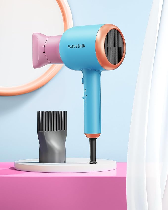 Wavytalk Hair Dryer with Diffuser, Blown Away Ionic Hair Dryer for Curly Hair with Comb, 1875W Fast Drying Blow Dryer with Ceramic Technology, 3 Attachments for All Hair Types, Light and Quiet, Poppa