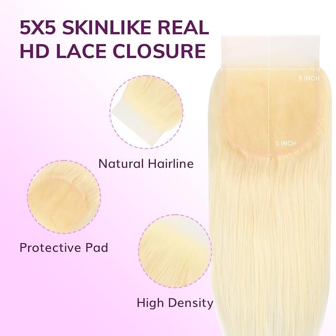 IDN BEAUTY SKINLIKE REAL HD 5X5 Lace Closure Human Hair Scalp-Simulating 0.1mm Ultra Thin HD Closure Pre Bleached Single Knots Pre Plucked Clean Natural Hairlin #613 Blonde ST 18 Inch