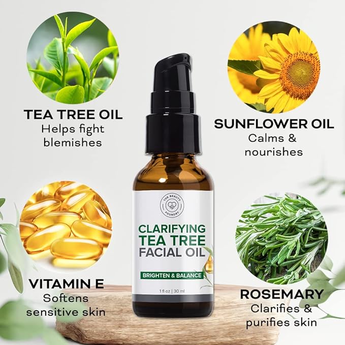 Clarifying Tea Tree Facial Oil, Targets Acne and Uneven Skin Tone, Antioxidant-Rich Beauty Oil, 1-fl oz/30ml (1 Pack)