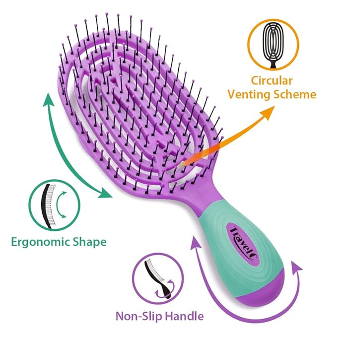 NuWay 4HAIR® U.S. Patented Detangler Hair Brush for Men & Women - Purple & Teal | Hair Comb for Scalp Care - Fast Dry Venting Scheme - TravelC Detangling Brush for All Hair Type