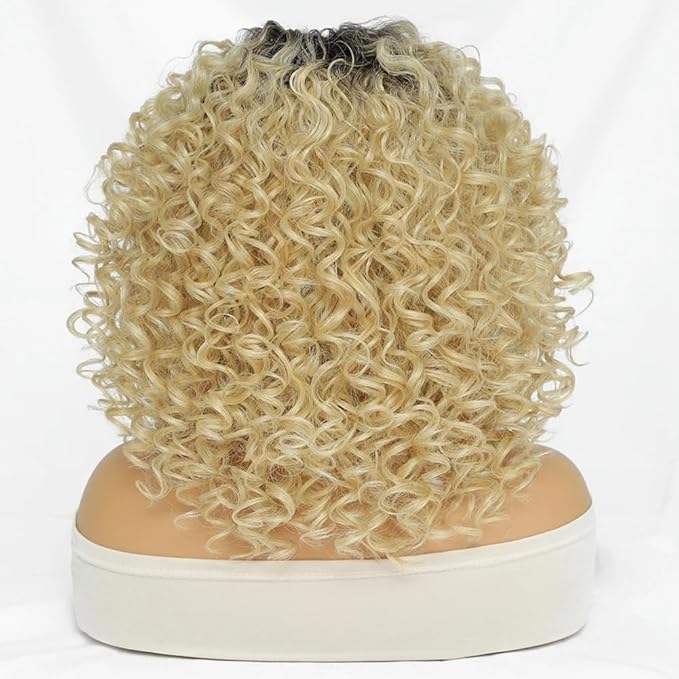 Felek 16inch Curly Lace Front Wigs Middle Part Jerry Curl Wig Blonde Color with Dark Roots T Lace Front Synthetic Pre-Plucked Deep Curly Wigs For Black Women(T4/Blonde)