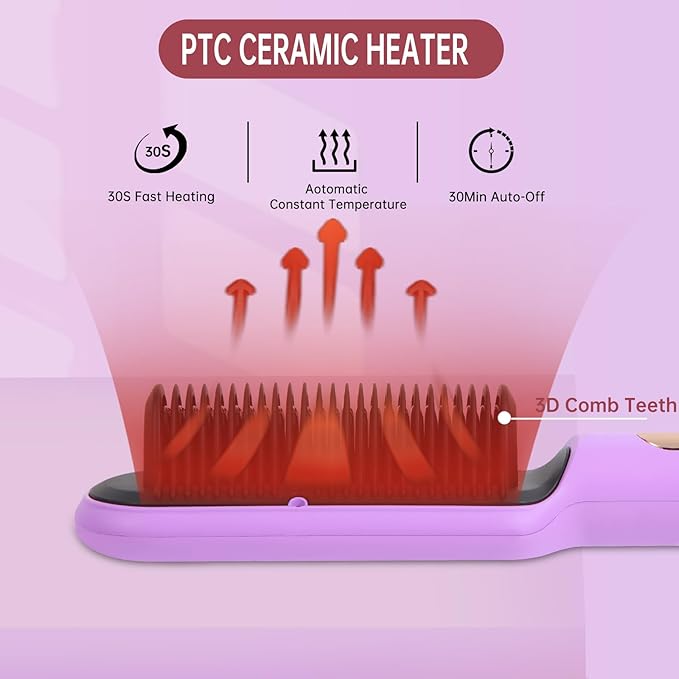 Negative Ionic Hair Straightener Brush with 9 Temp Settings, 30s Fast Heating Hair Straightening Comb with LED Display, Anti-Scald & Auto-Shut Off Hair Brush Straightener for Women (Purple)