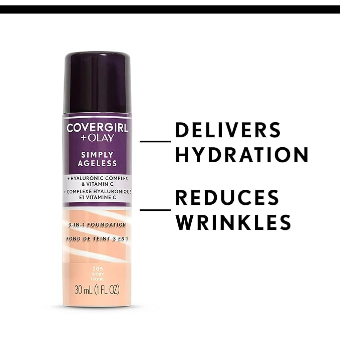 COVERGIRL & Olay Simply Ageless 3-in-1 Liquid Foundation, Matte Finish, Hyaluronic & Vitamin C Formula, 245 Warm Beige, 1 Count